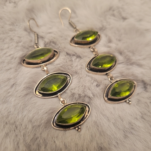 Three Marquise Light Green Gemstones Drop Earrings - Picture 1 of 6